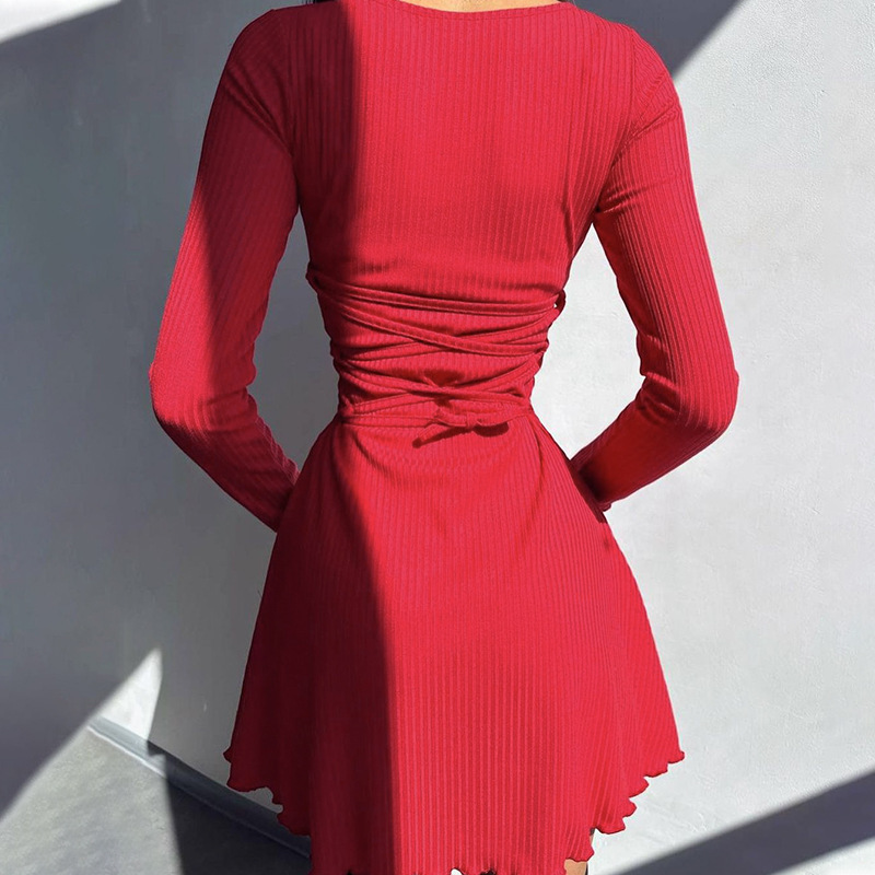 Ootddress Bandage Ruffled High Waist Mini Dress For Women Long Sleeve Fashion Lace-Up Solid Patchwork Autumn 2025 Bodycon Dress New