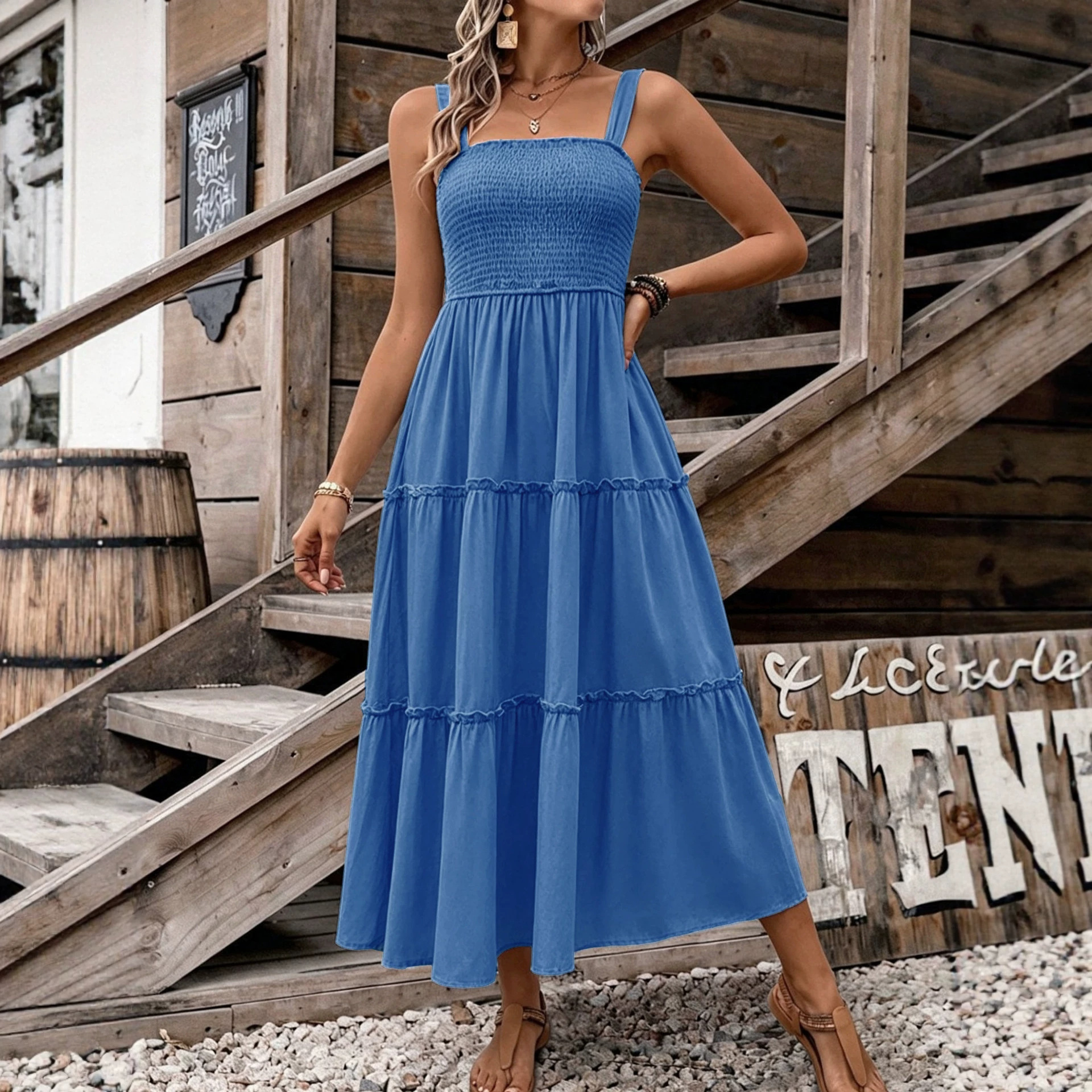 Women Square Neck Sleeveless Ruffle A-Line Dress