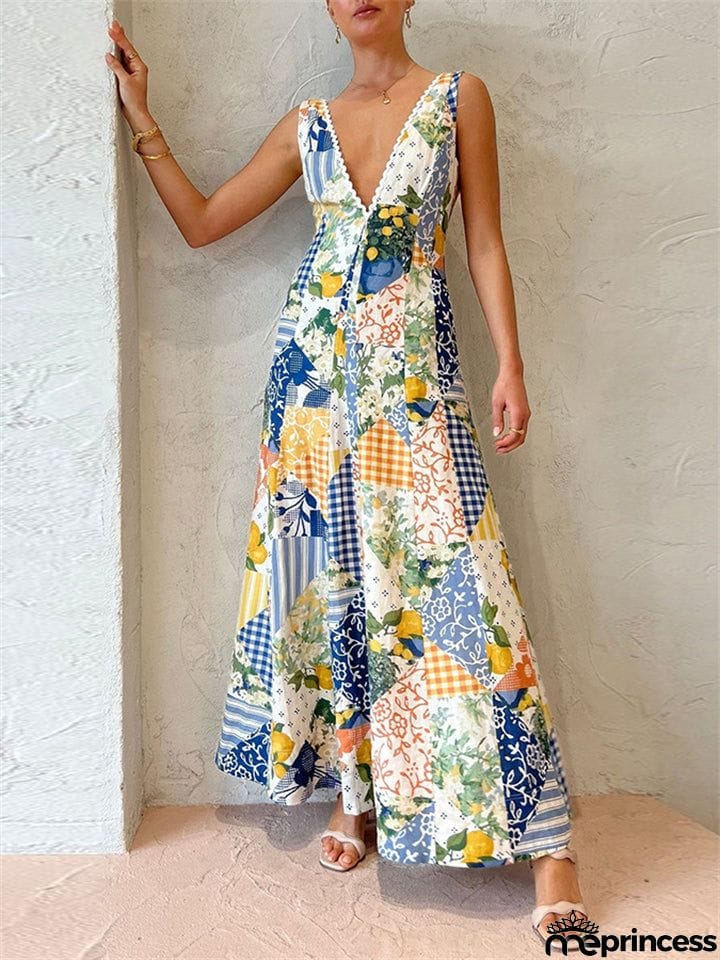 Women's Sunny Sexy Deep V Neck Backless Special Print Long Dress
