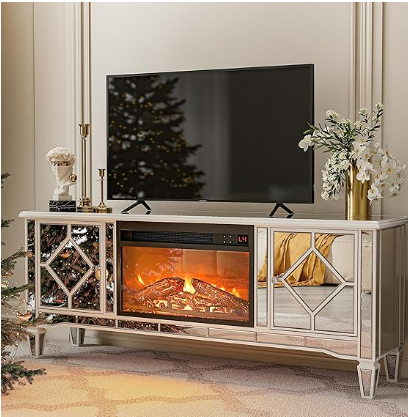 Puremind Mirrored TV Stand with Fireplace for 75+ inch TV, Silver Electric Fireplace Entertainment Center w/7 Colors Changing & 3D Realistic Flame Effect for Living Room
