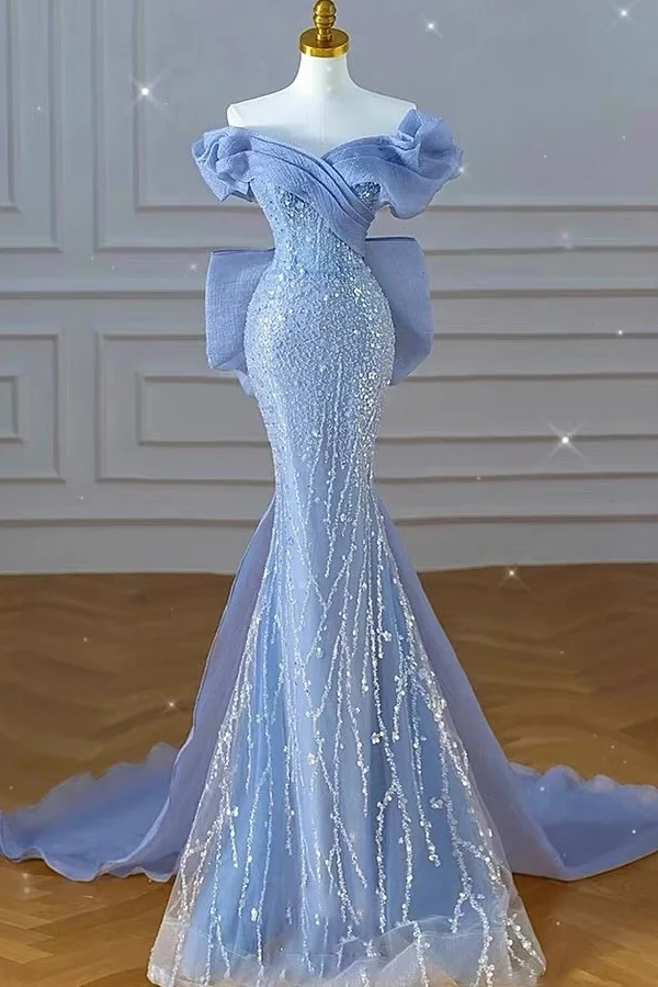 Light Blue Gorgeous Mermaid Sequins Beaded Prom Dress With Bow Train ZT0774