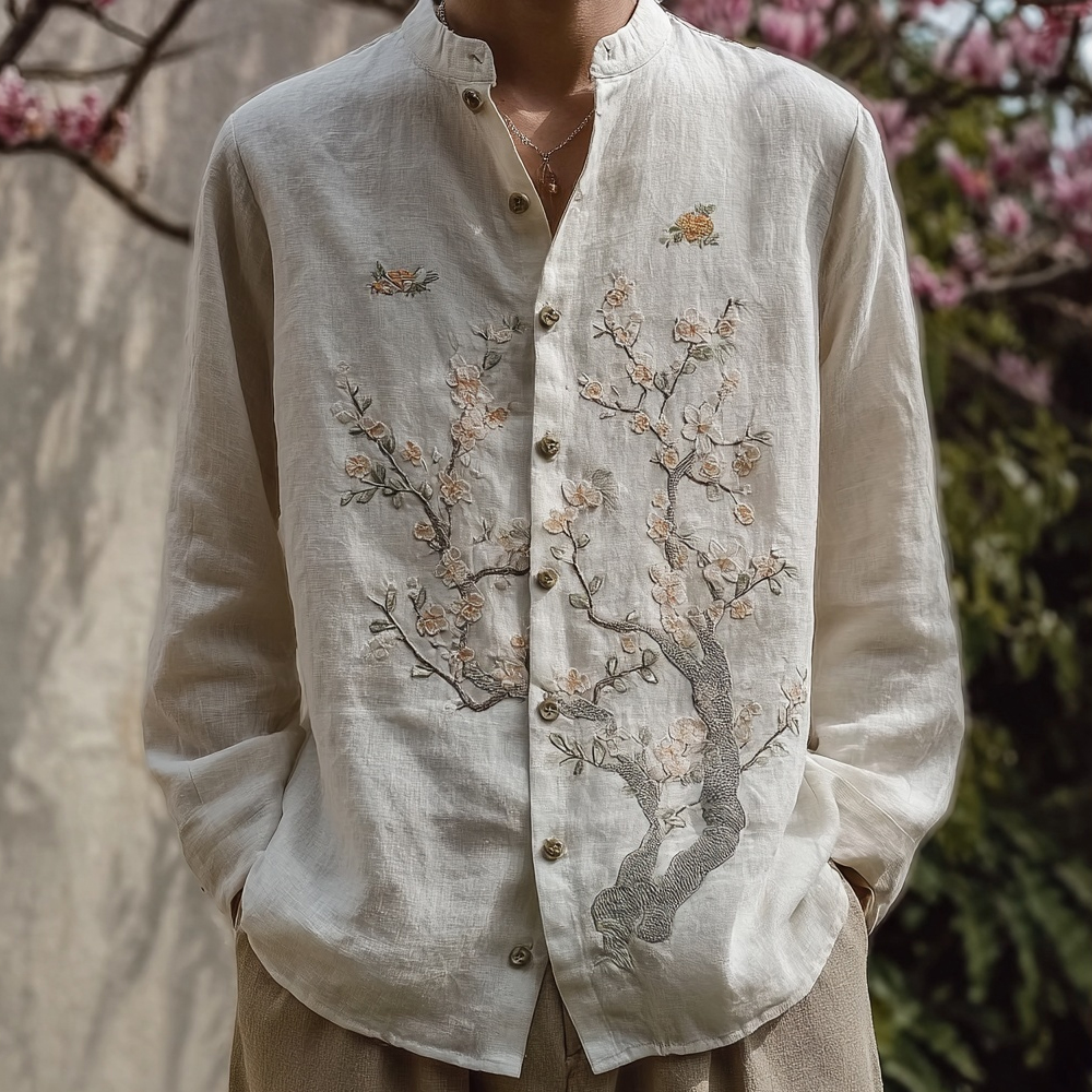 Vintage Japanese Plum Blossom Art Casual Linen Blouse  artssus