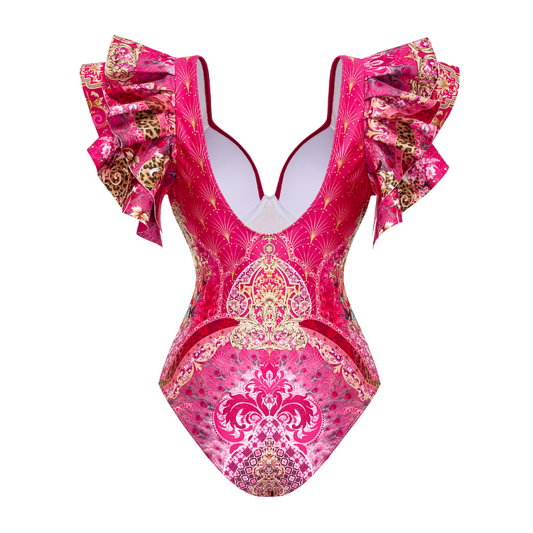 Ruffled Rose Red Blooming Flower Print One Piece Swimsuit