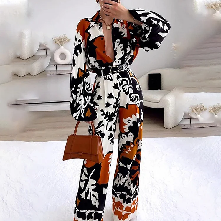 Casual Abstract Print Long Sleeve Top and Pants Suits