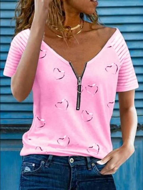 V Neck Zipper Loose Short Sleeve T-shirt