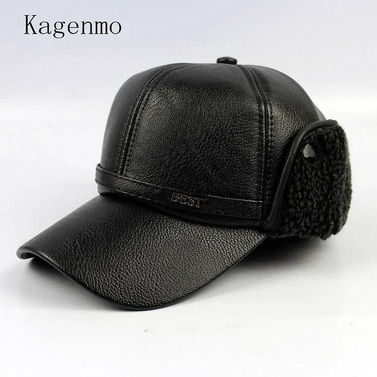Kagenmo Winter Male Hat Cold Winter Men Keep Warm Baseball Cap Ear Protection Pu Leather Hat Bone Brim Size M Faux Leather