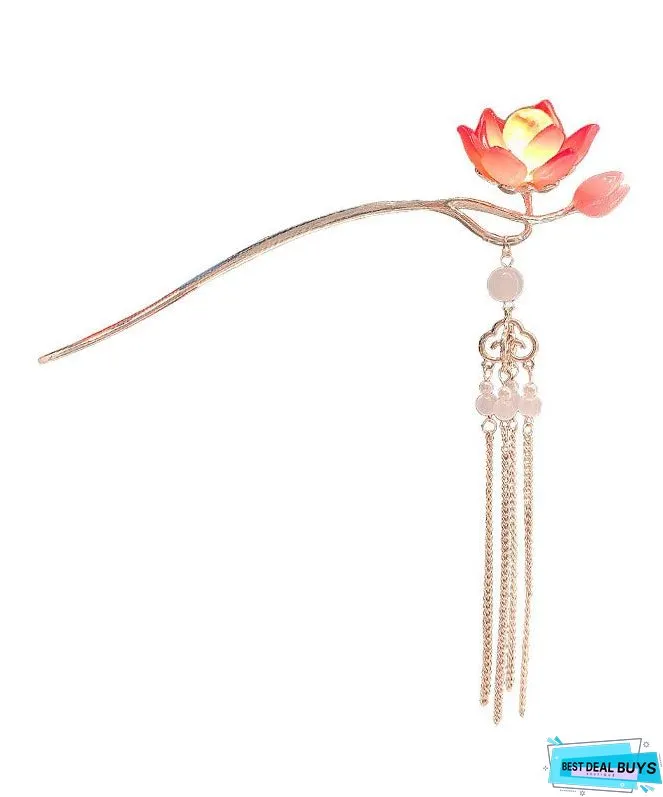 Retro Red Alloy Coloured Glaze Lotus Flower Palace Lantern Hairpin