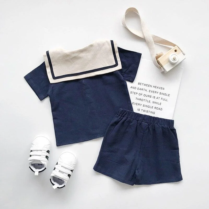 Navy Style Summer Clothes for Boys Girls Outfit Cotton T-Shirt + Shorts 2PCS Baby Kids Elastic Waist Dress Solid 2 3 4 5 6 Years
