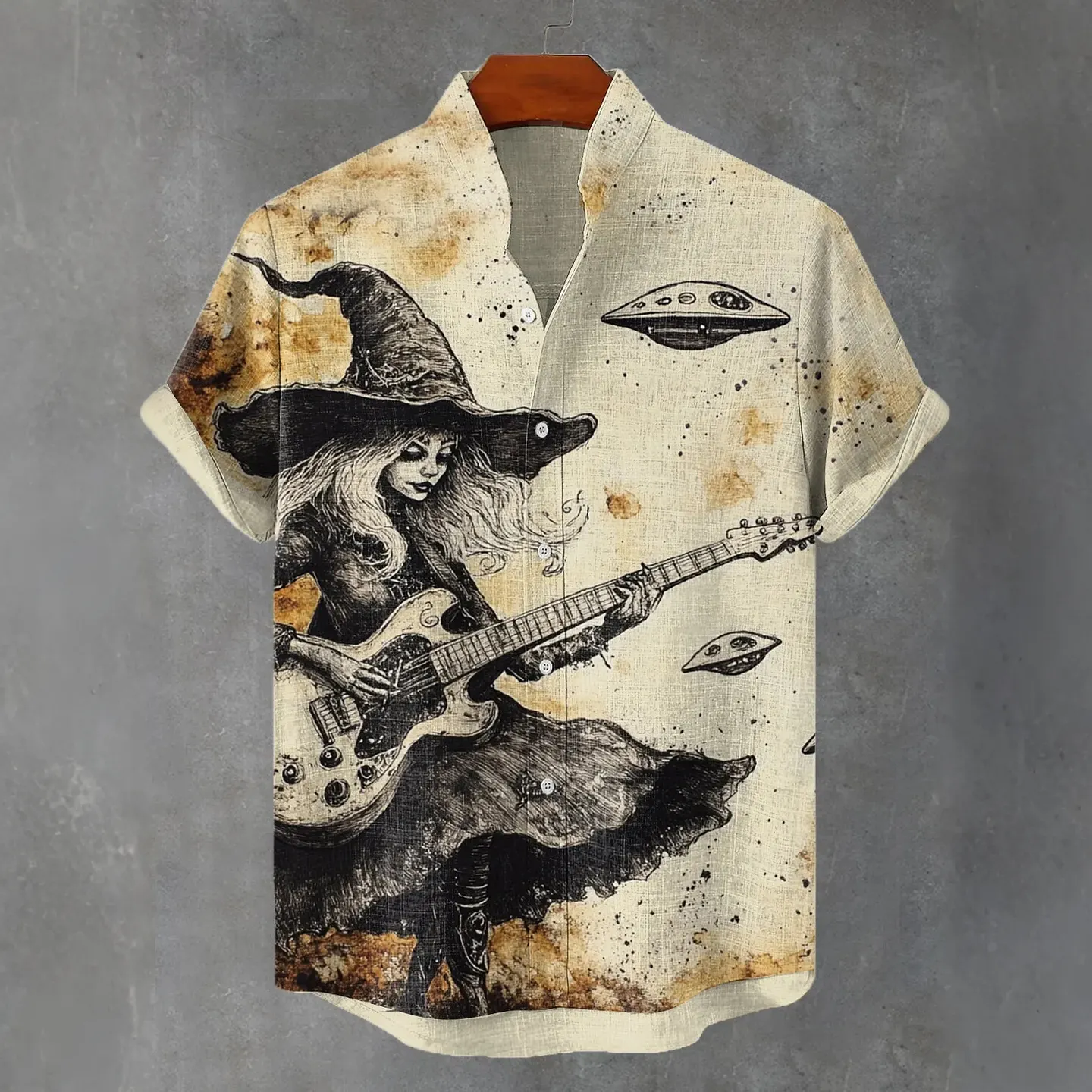 Men's Japanese Art Witch Guitar Print Cotton Linen Shirt  artssus