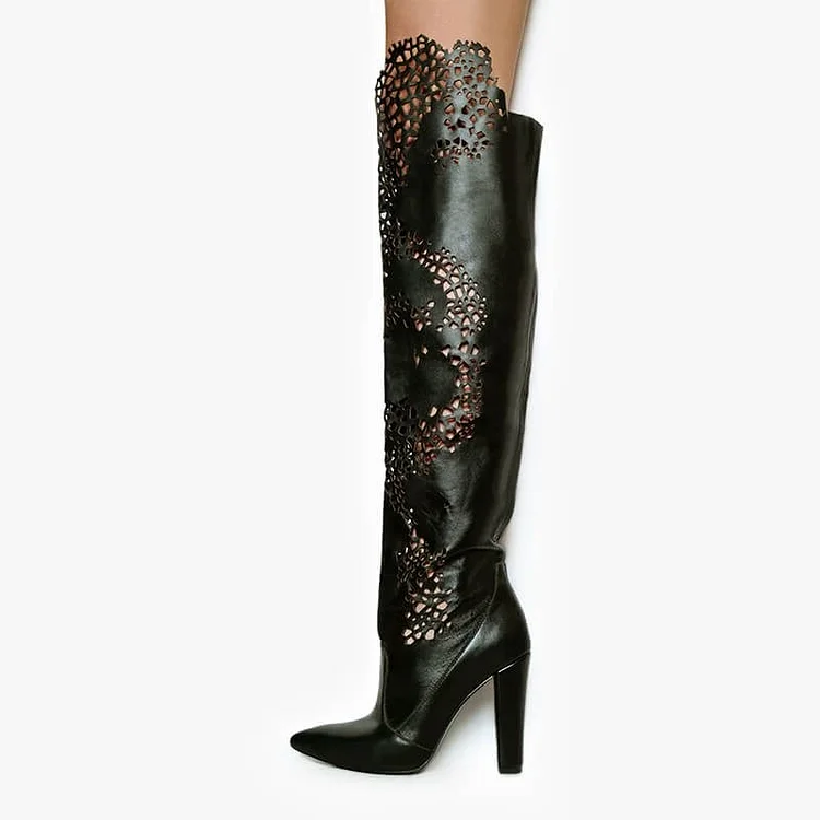 Black Hollow Out Chunky Heel Pointy Toe Over the Knee Boots Vdcoo