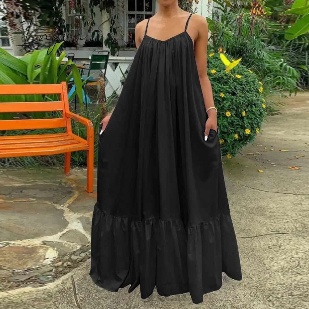 Ingvn - Summer Dress Women Sexy Short Sleeve Ruffled Maxi Long Casual Loose Solid Pleated Beach