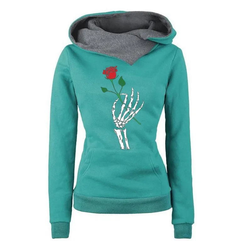 Winter Rose Print Hoodies Women Clothes Fashion Long Sleeve Fleece Keep Vintage Sweatshirt Plus Size Halloween Pullovers Tops