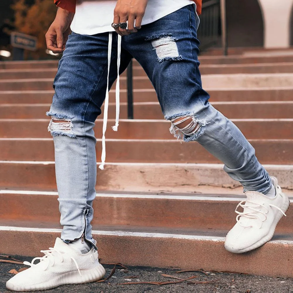 Stylish Gradient Ripped Hole Zipper Jeans
