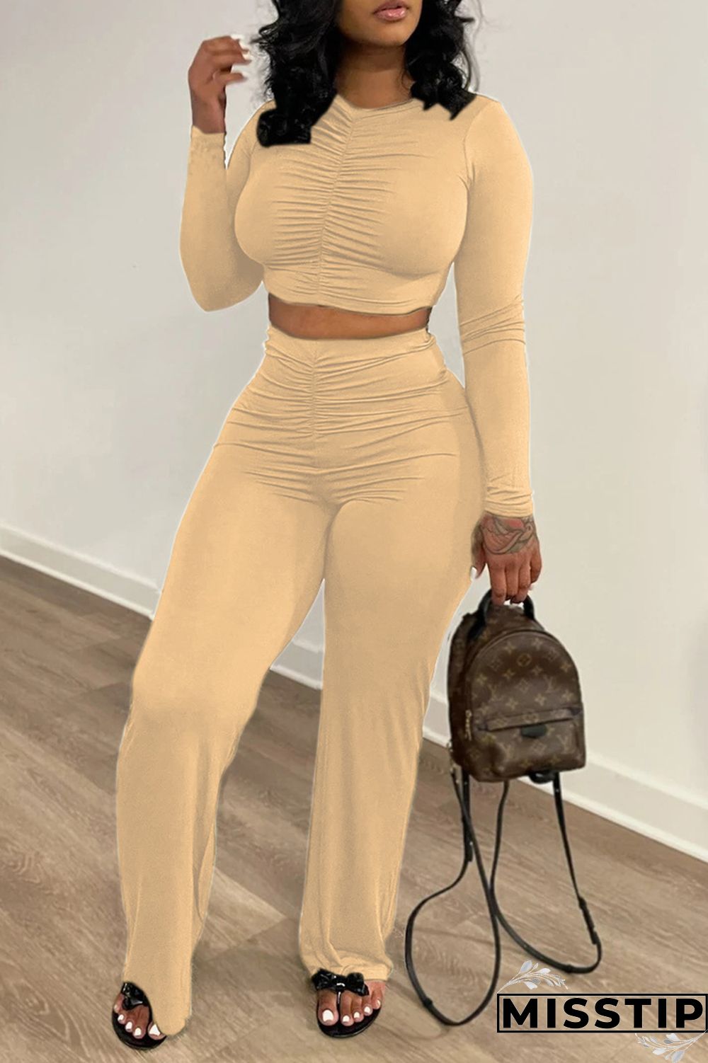 Orange Fashion Casual Solid Fold O Neck Long Sleeve Two Pieces