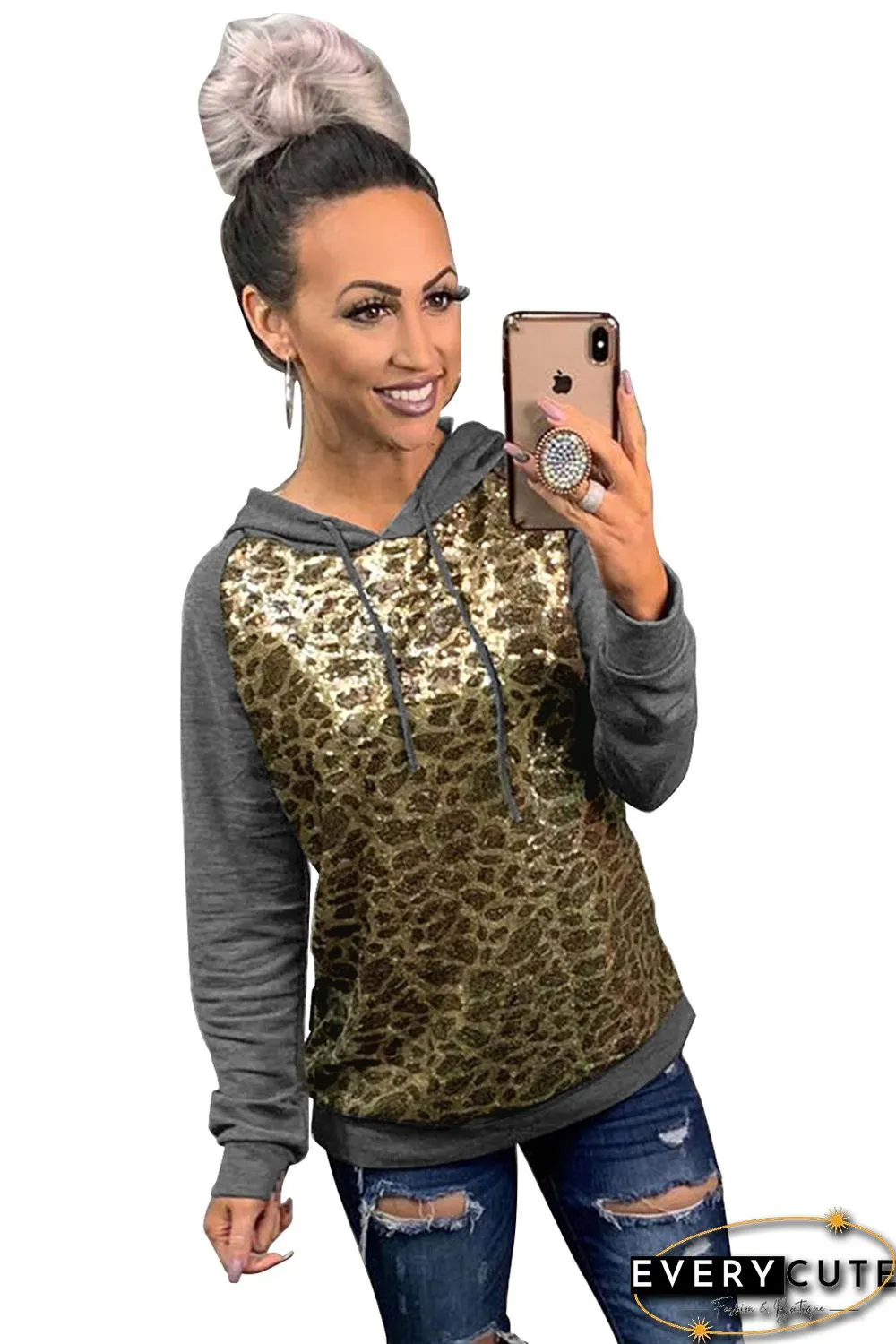 Sequin Leopard Gray Hoodie