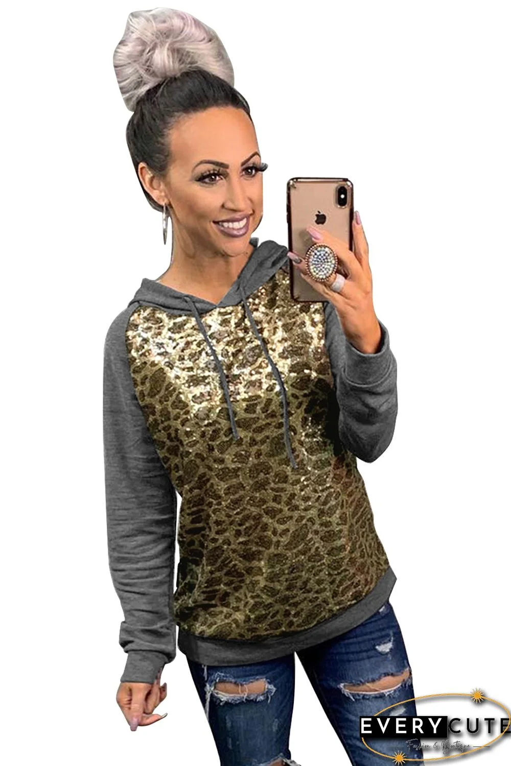 Sequin Leopard Gray Hoodie