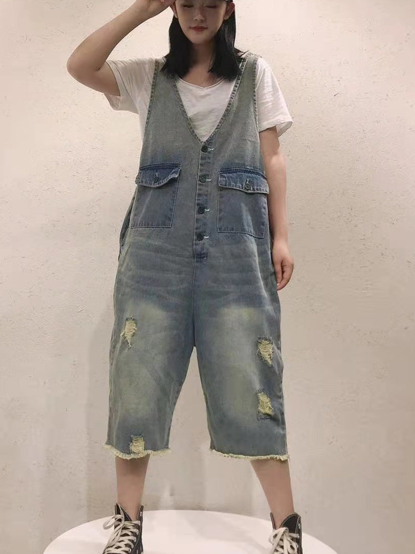 Women's Loose Hole Casual Retro Cropped Workwear Denim Overalls Jumpsuit