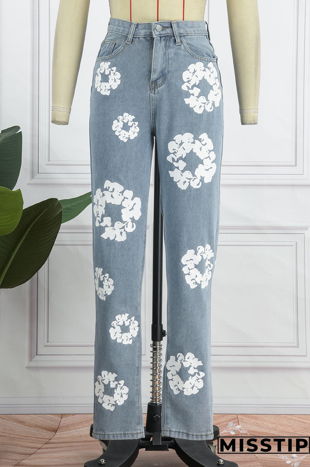 Blue Casual Print Patchwork High Waist Regular Denim Jeans