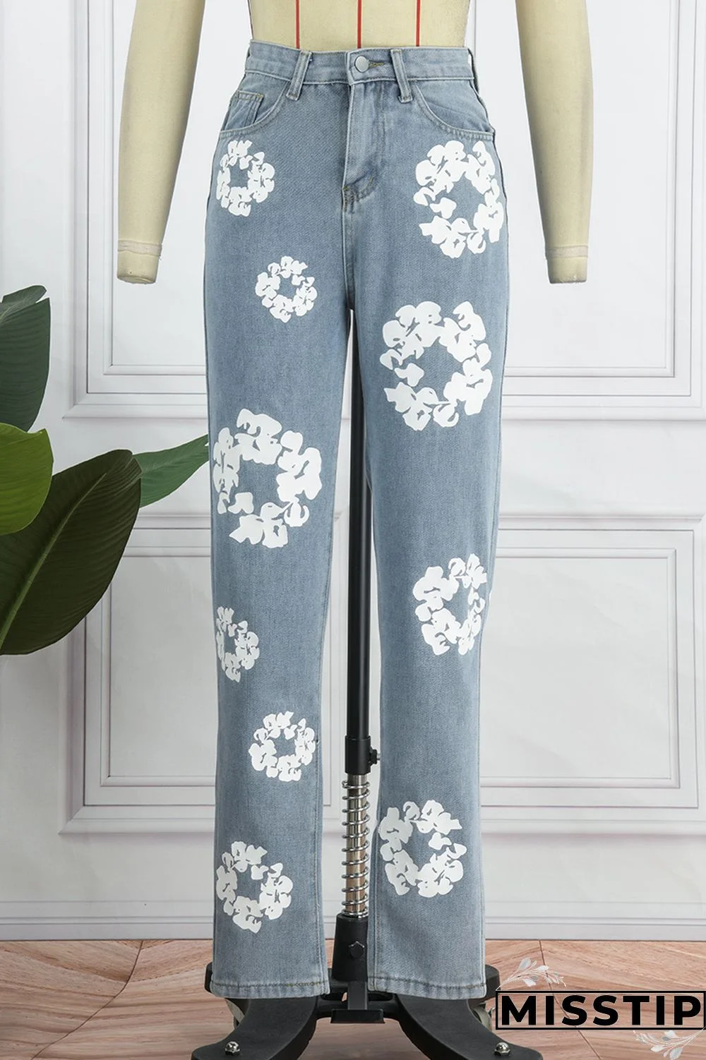 Blue Casual Print Patchwork High Waist Regular Denim Jeans