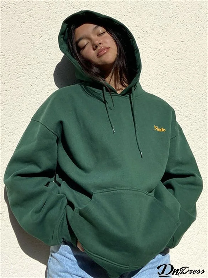 Female Dark Green  Loose Letter Print Campus Students Hoodies