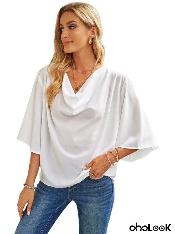 Solid V-Neck Flared Sleeve T-Shirt - Cape - Batwing - Scoop - Jewel - Closed