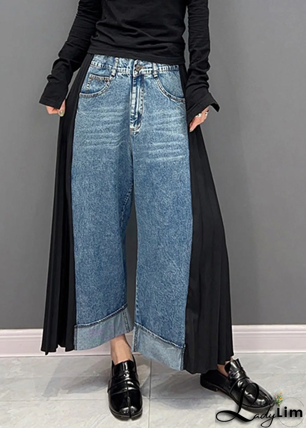 Casual Blue Chiffon Patchwork High Waist Dnime Straight Pants Spring