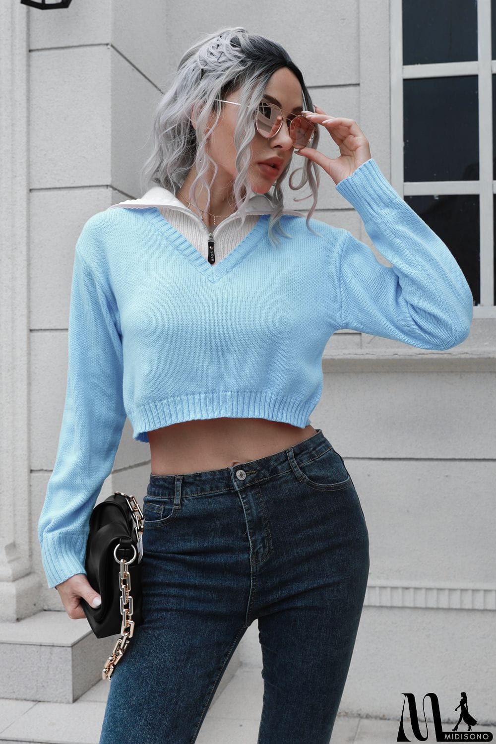 MidiSono - Contrast Collared Cropped Sweater