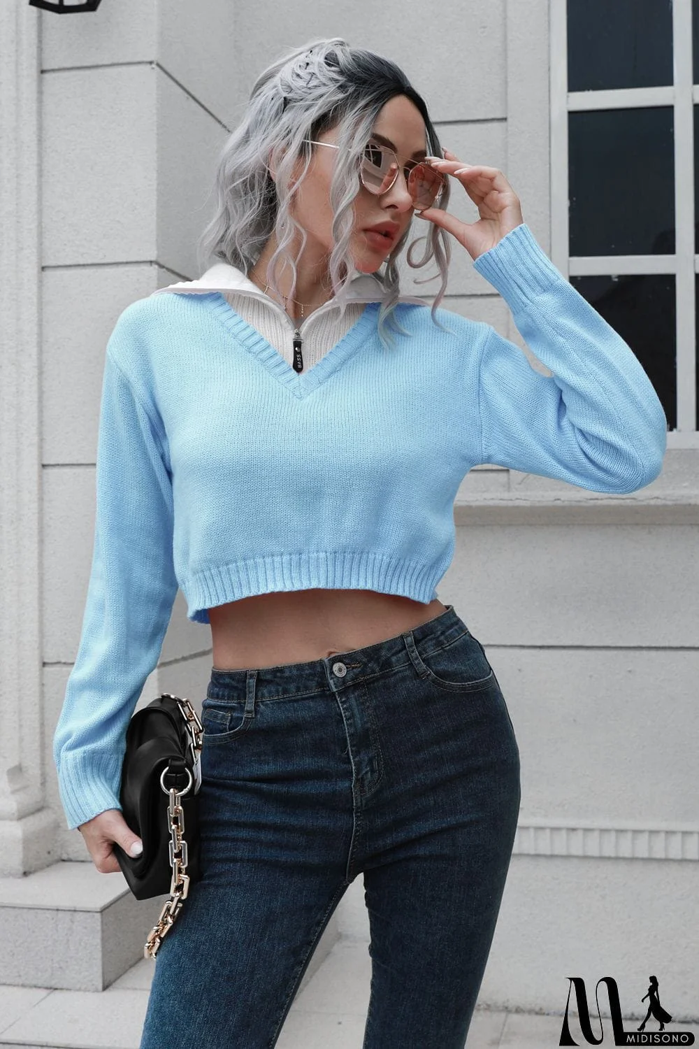 MidiSono - Contrast Collared Cropped Sweater