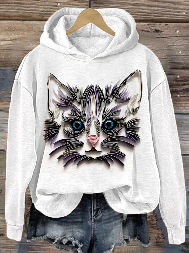 Comstylish Fancy Edge Paper Quilling Cute Cat Print Casual Hoodie