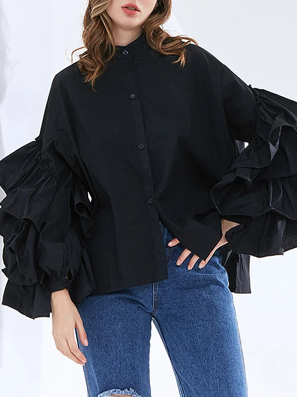 Solid Color Ruffled Layered Buttoned Loose Long Sleeves Mock Neck Blouses&Shirts Tops