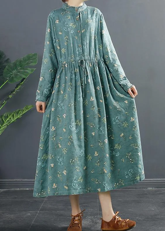 Style Button Spring Tunic Dress Pattern Green Print Dresses