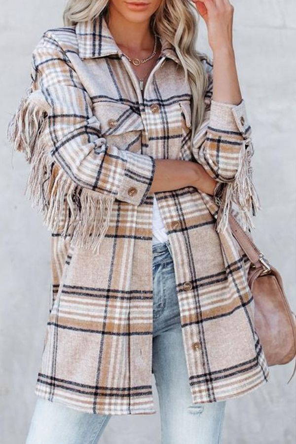Casual Plaid Tassel Buckle Turndown Collar Outerwear - Life is Beautiful for You - SheChoic