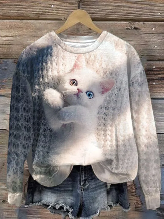 Women's Cat Print Crew Neck Sweatshirt