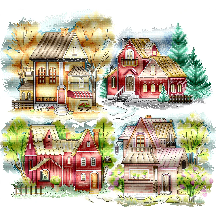 Joy Sunday Four Seasons Color Log Cabin - Printed Cross Stitch 14CT 48*42CM