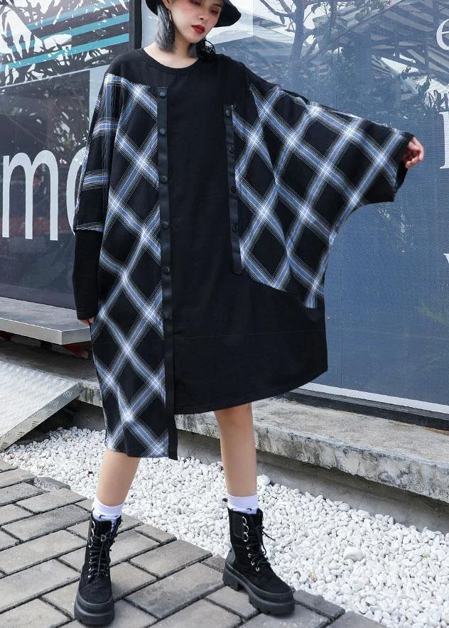 Vivid patchwork plaid Cotton Wardrobes asymmetric daily fall Dresses