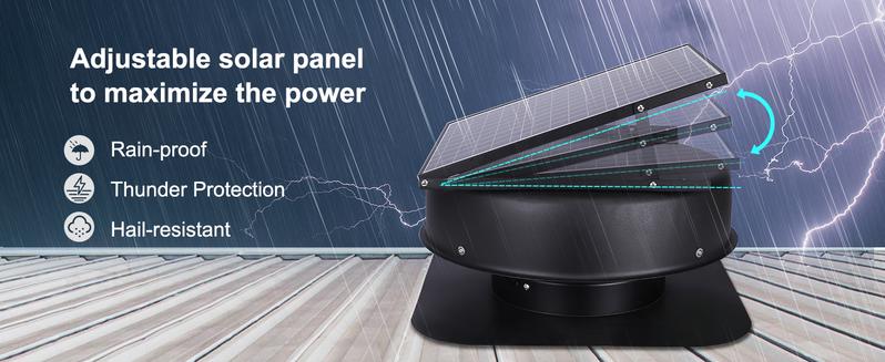Product Introduction of VEVOR Solar Attic Fan, 40 W, 1230 CFM Large Air Flow Solar Roof Vent Fan, Low Noise and Weatherproof with 110V Smart Adapter, Ideal for Home, Greenhouse, Garage, Shop, RV, FCC Listed 3