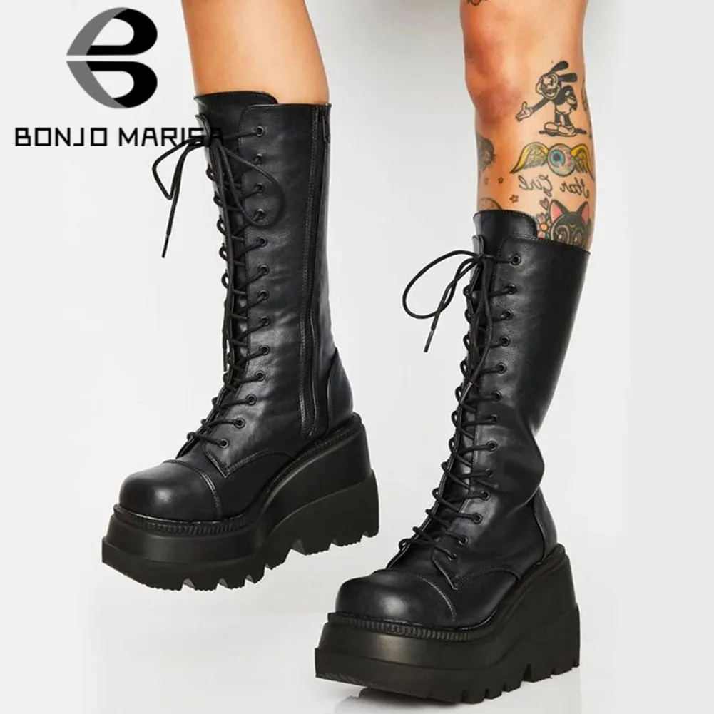 BONJOMARISA Big Size 43 Dropship lady  mid calf boots platform luxury brand women boots 2020 autumn winter wedges shoes woman
