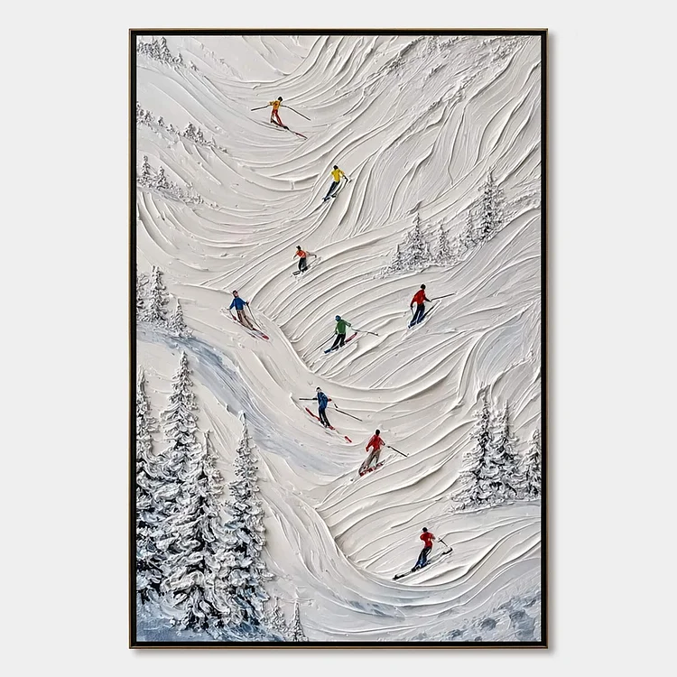 ALPINE RUSH: Textured Impasto Skiing on Mountain Slope Painting（Canvas painting）