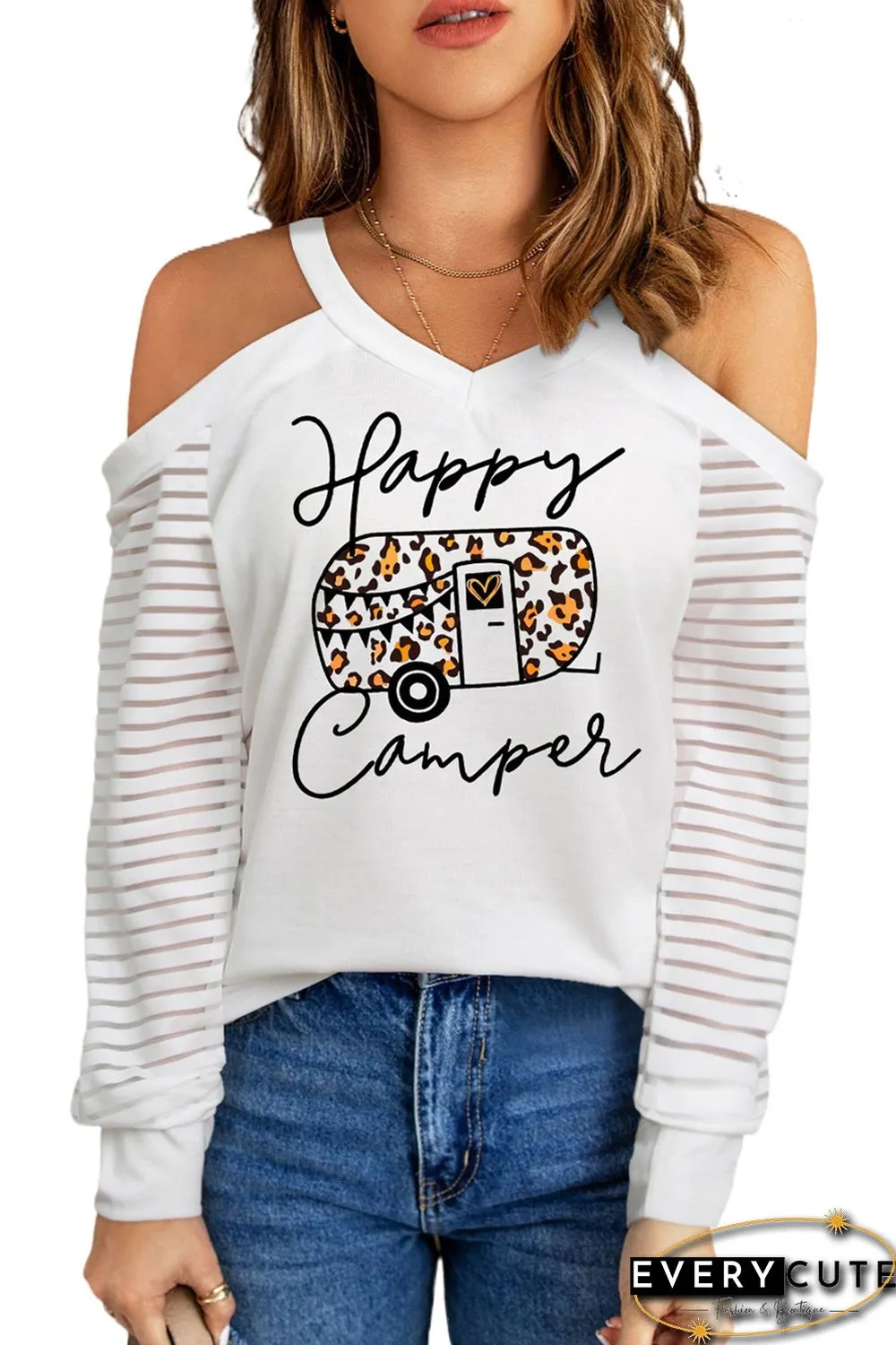 White Happy Camper Cold Shoulder Striped Sleeve Top