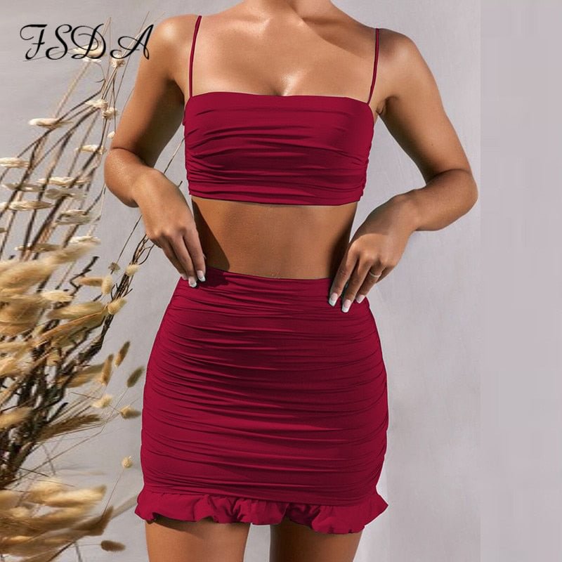 FSDA Summer 2020 Women Set Spaghetti Strap Crop Top White Sexy And Mini Bodycon Skirt Ruffles Party Outfit Club Two Piece Sets