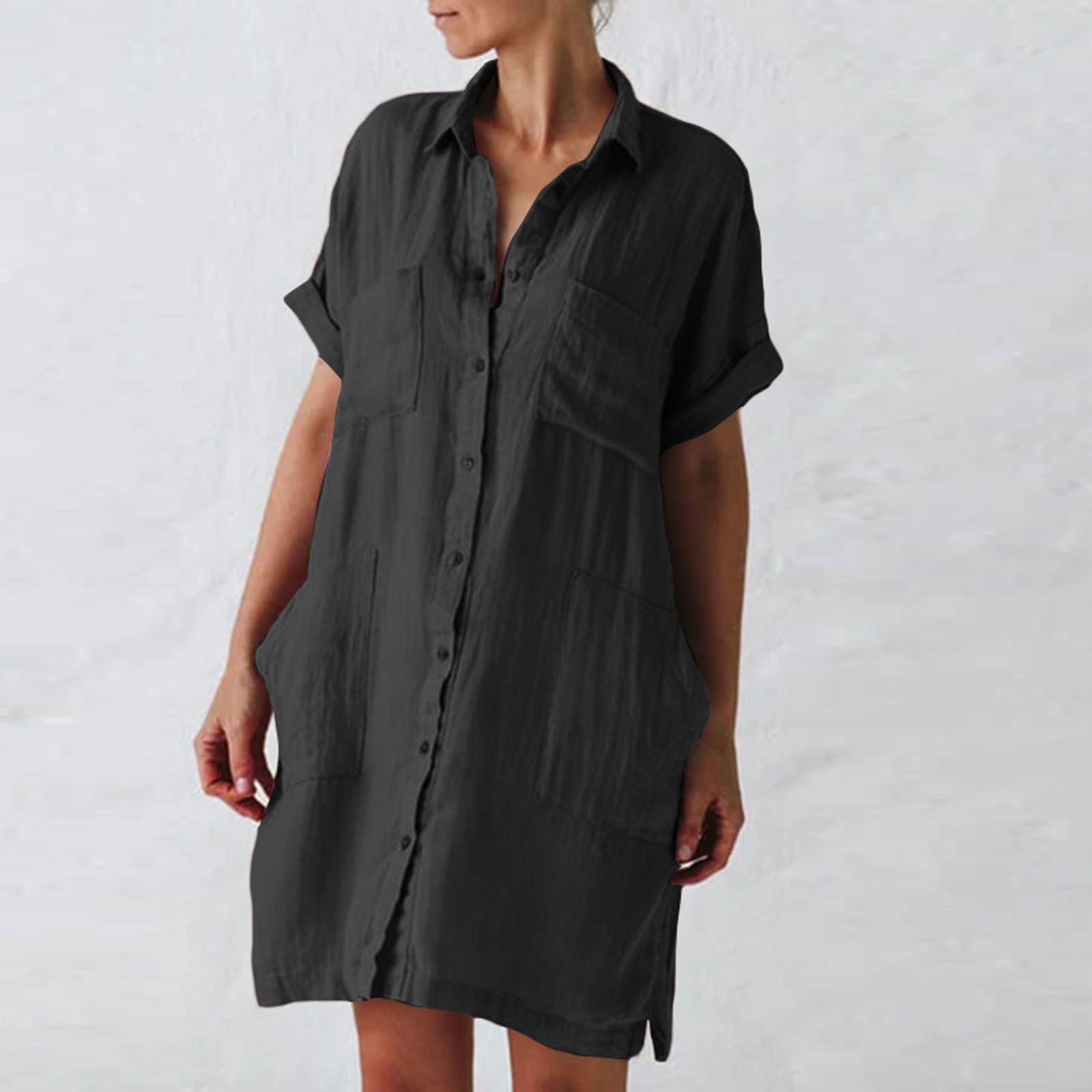 Fashion Cotton Linen Short Sleeve Irregular V Neck Casual Dress