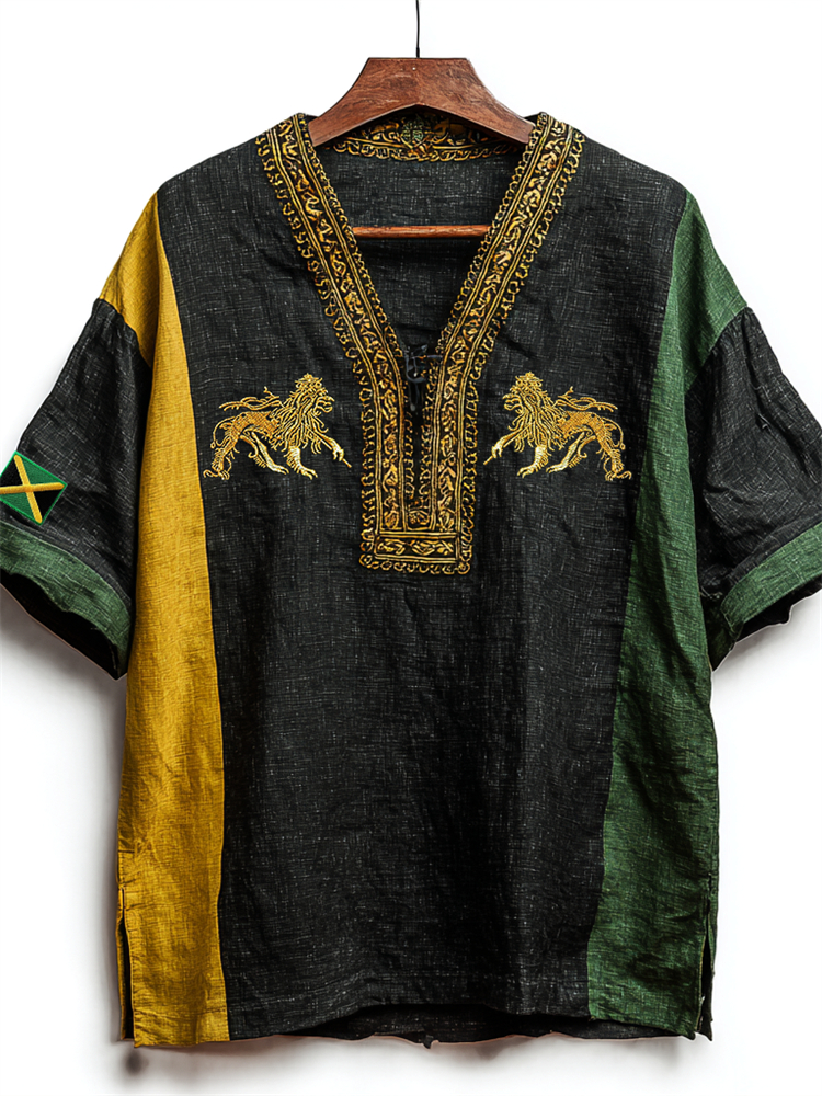 Men's Reggae Lion Embroidered Ethnic Jamaica Colorblock Linen Shirt