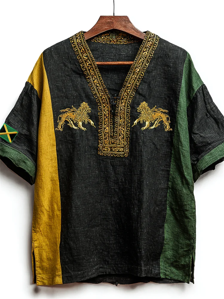 VChics Men's Reggae Lion Embroidered Ethnic Jamaica Colorblock Linen Shirt