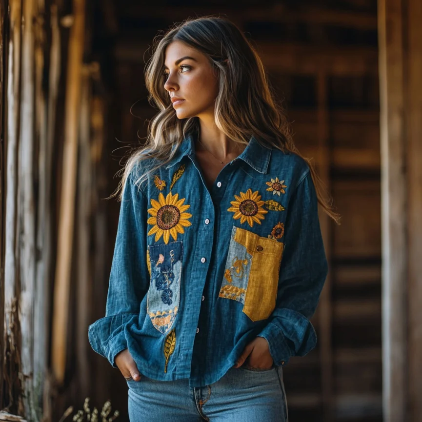 Ukrainian Sunflower Embroidered Long Sleeved Shirt