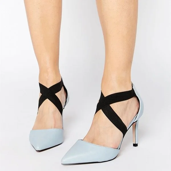 Pale Blue Office Heels Pointy Toe Cross Strap Stiletto Heel Pumps |FSJ Shoes