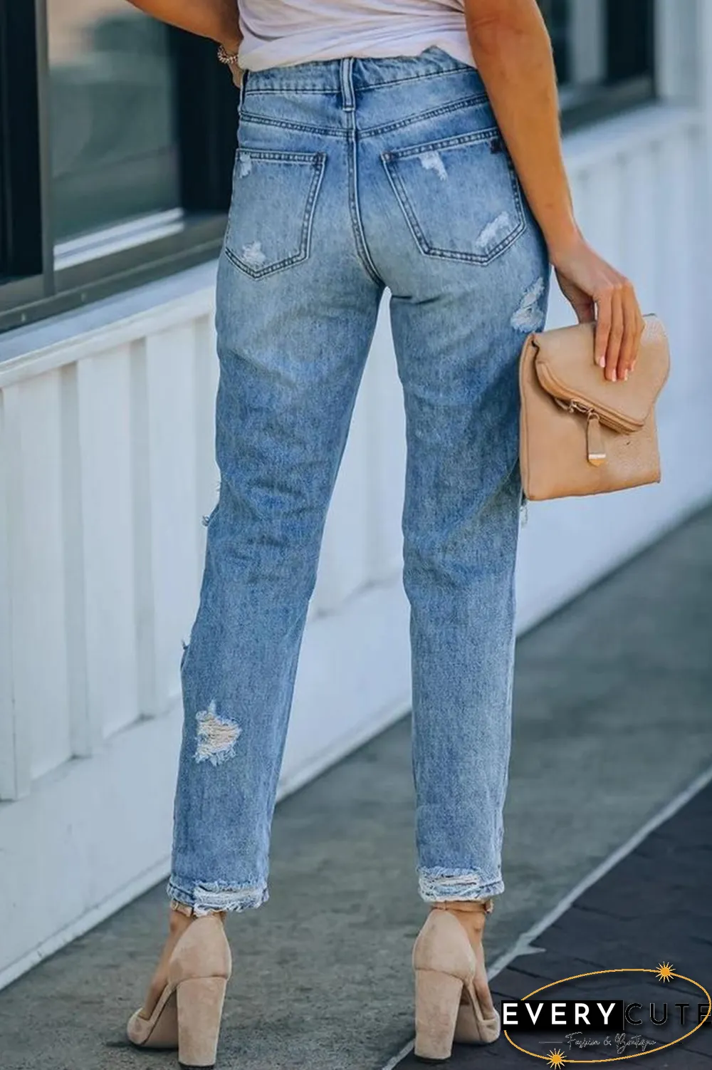 Fashion Street Solid Tassel Ripped Mid Waist Straight Bottoms