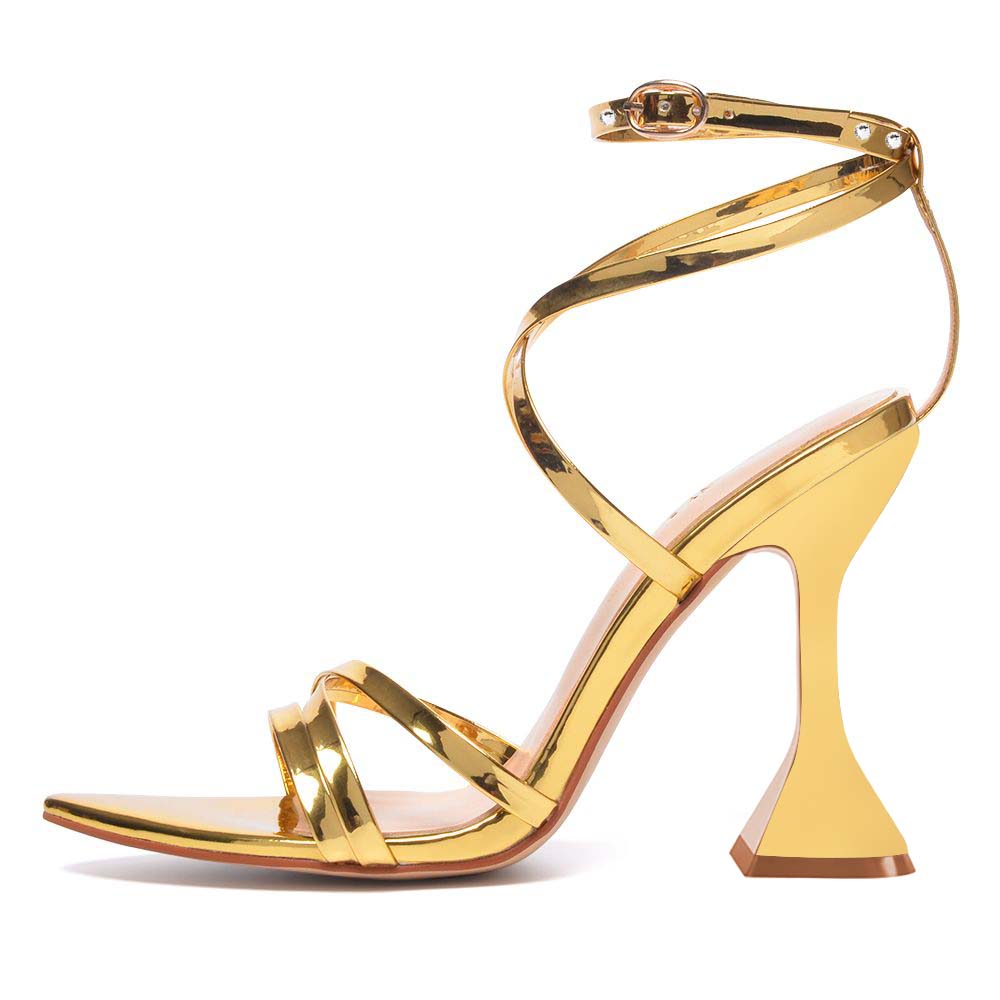 Metallic Gold Open Pointed Toe Strappy Flared Heel Women's Sandals Nicepairs