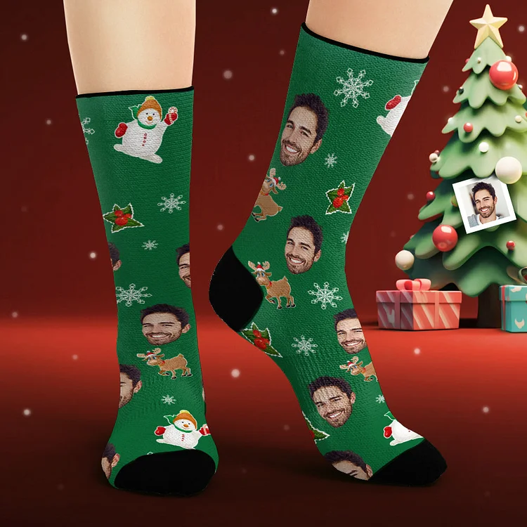 Custom Face Socks Personalized Photo Green Socks Cute Christmas Elements Christmas Gifts