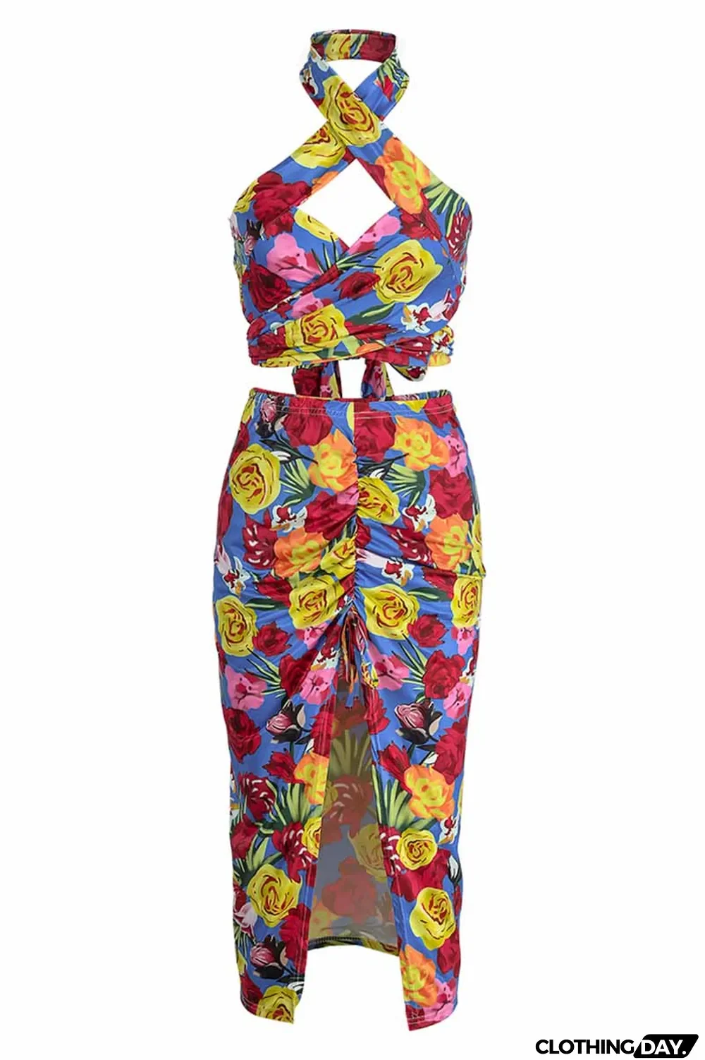 Green Fashion Street Print Patchwork Halter Sleeveless Two Pieces