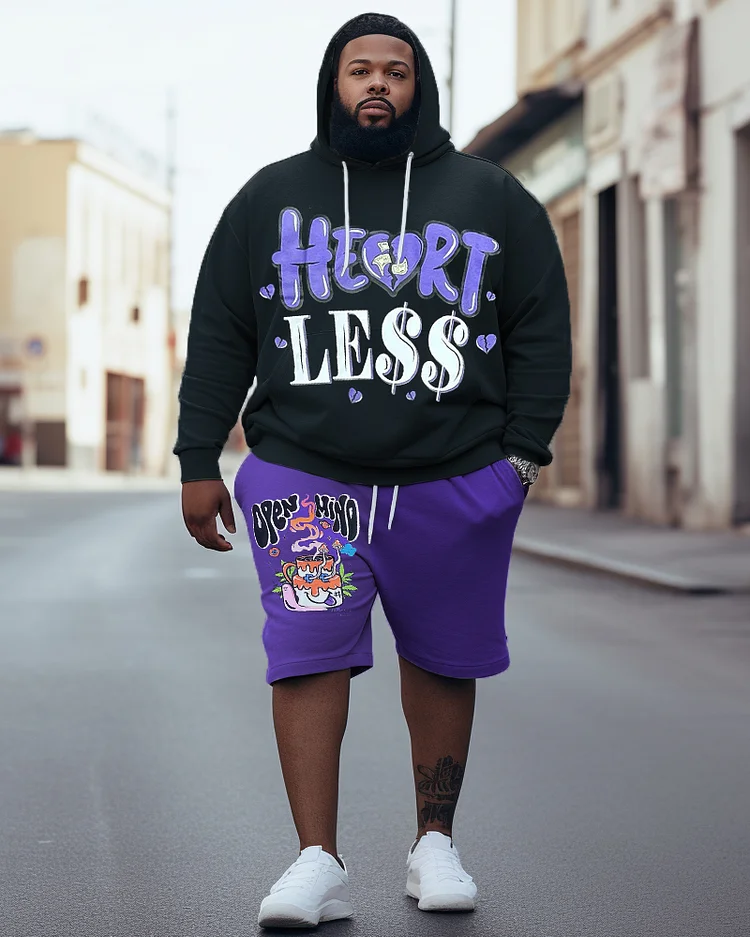 Men's Plus Size Hip Hop Heart Less Graffiti Hoodie Shorts Two Piece Set